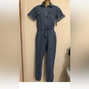Sexy Denim Jumpsuit for Women Casual Short Sleeve Jean Pants Rompers w/ Zipper